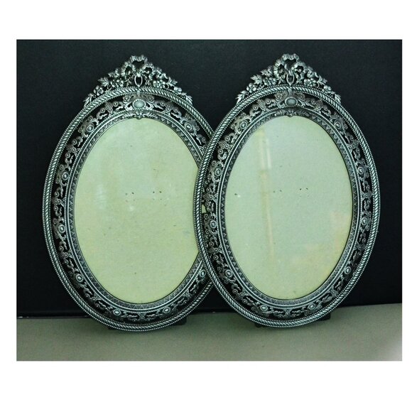 Vintage Ornate Metal Frame Pair Taiwan 1980s Hollywood Regency With Glass Decor - Picture 1 of 5